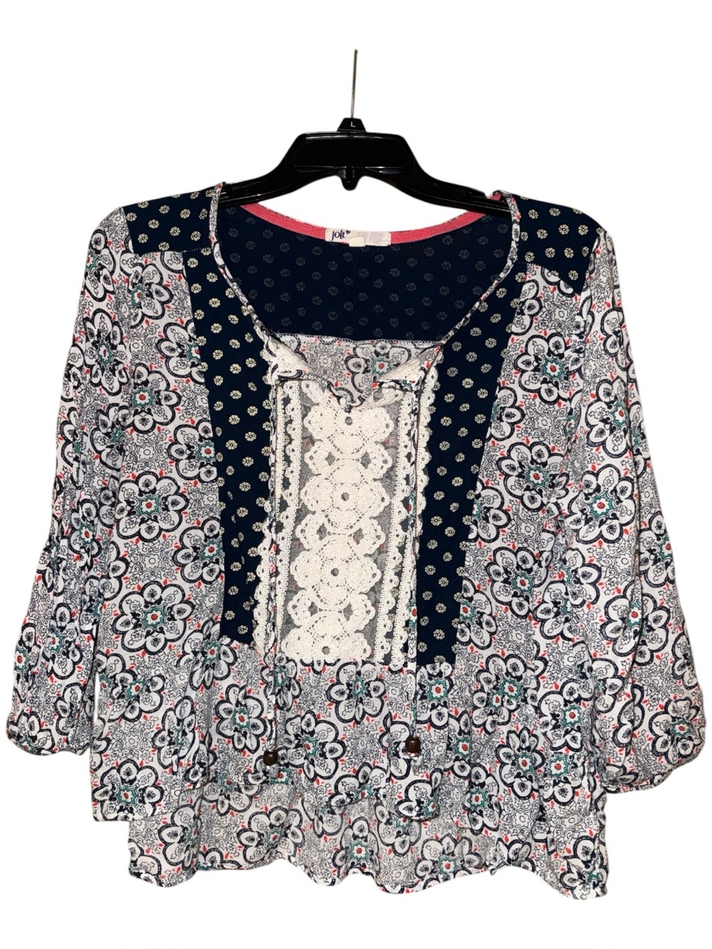Jolt Peasant Top Blouse Boho Floral Mosaic XL Crochet Lace Boho Festival Navy